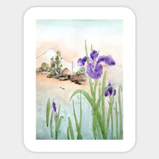 purple iris and Mount Fuji Sticker